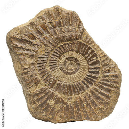 Ancient Fossilized Ammonite Shell Embedded in Rough, Textured Stone isolated on white background
