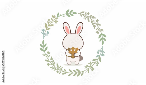 Minimal Cartoon Bunny Holding Carrots in Botanical Wreath Vector for Easter Nursery Graphics