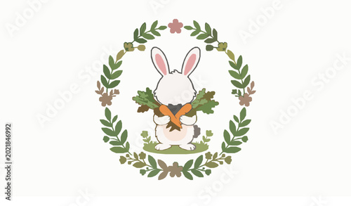 Cute White Bunny Holding Carrots Inside Floral Wreath Vector Illustration for Easter Spring Design