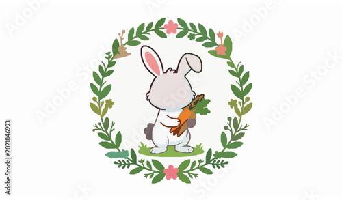 Happy White Rabbit with Carrots in Green Floral Wreath Cartoon Vector on White Background