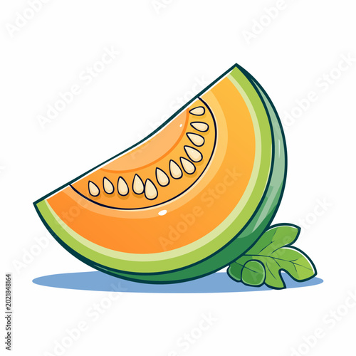 Cartoon Slice of Cantaloupe Melon with Seeds and Leaf