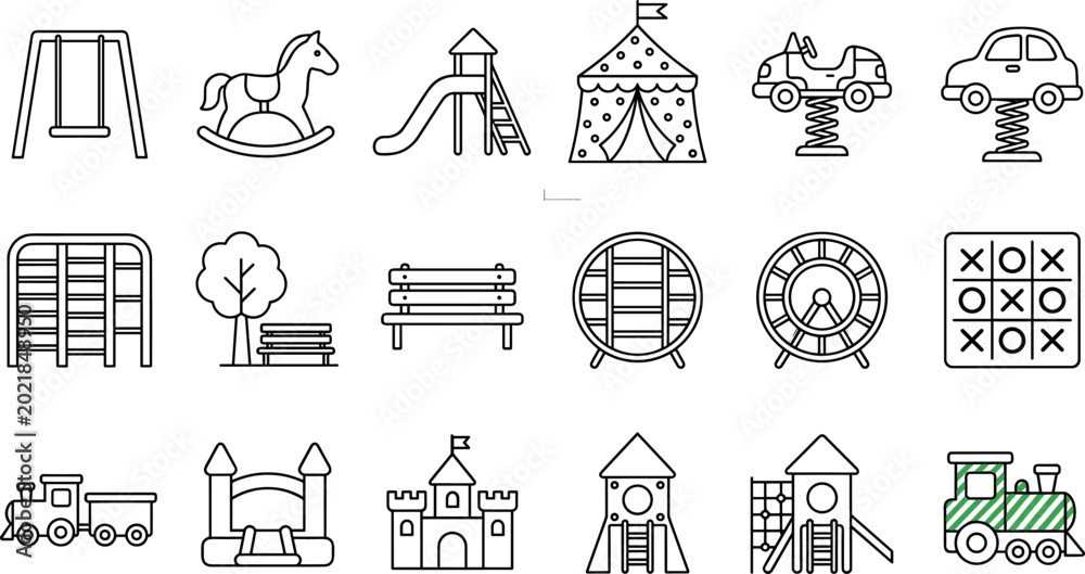 Fototapeta premium Playground and amusement park line icons set featuring swing, slide, bouncy castle, circus tent, and outdoor recreation equipment for children play area design.
