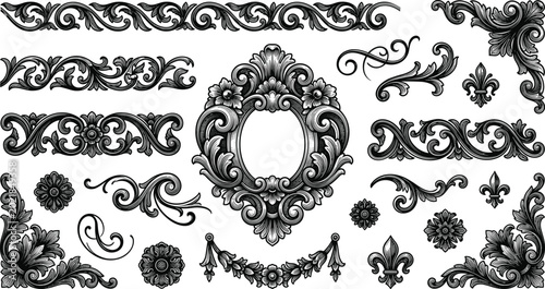 Fotografie Luxury vintage baroque frame and borders vector set with detailed engraving swir