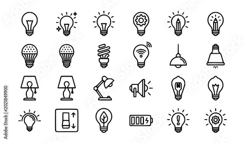 Modern lightbulb icon set vector with electric lamp innovation and idea symbols in thin flat style