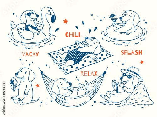 Foto Dachshund vector doodle set featuring beach vacation scenes: dachshund on flamingo float, swim ring with cocktail, hammock, reading book, sunbathing and eating ice cream