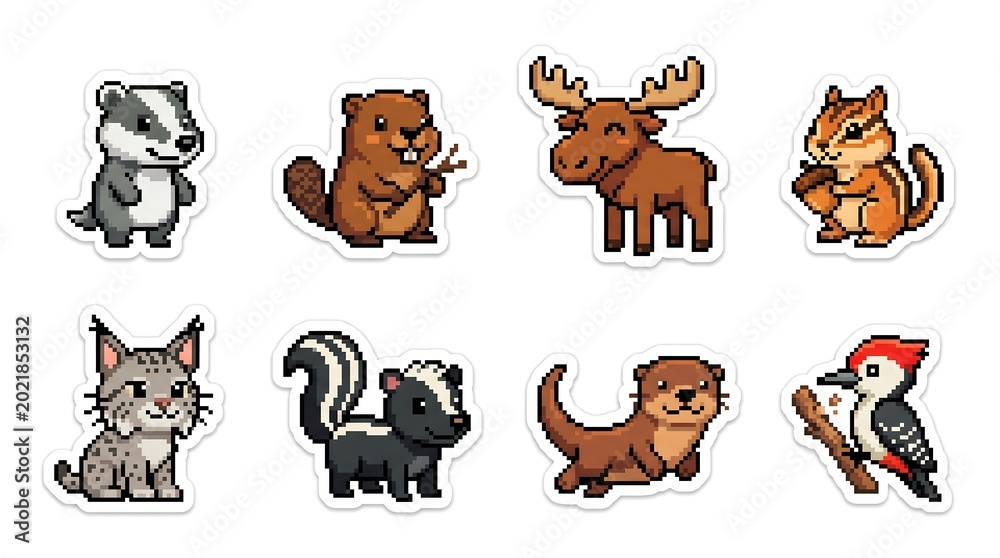 Obraz premium Set stickers of woodland animal pixel art with badger, beaver, moose, chipmunk, lynx, skunk, otter, and woodpecker, charming retro pixel illustration, cozy forest aesthetic