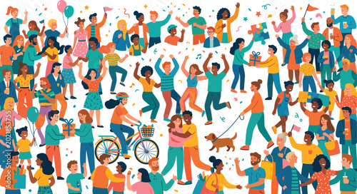 Large crowd of diverse people celebrating and enjoying themselves at a festive gathering balloons and confetti celebration festival happiness illustration cheering gathering togetherness