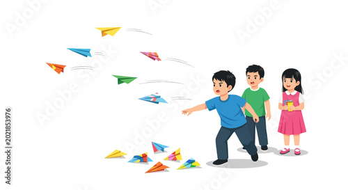 Diverse children happily launching colorful paper airplanes, symbolizing childhood fun and imagination