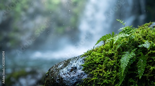 Green mossy rock with ferns in refreshing rain