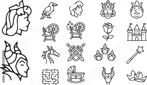 Bild auf Leinwand Sleeping Beauty Fairytale Icon Set: Black and White Line Art Vector Illustration