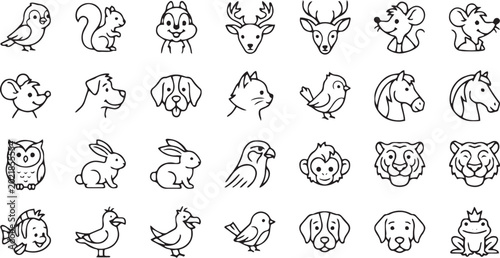 Canvas Print Cute Animal Avatar Icon Set: Black and White Line Art Vector Illustration of Car