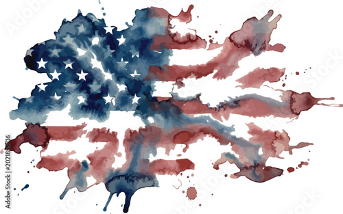 American flag rendered in a watercolor splash technique with bold ink bled edges style.