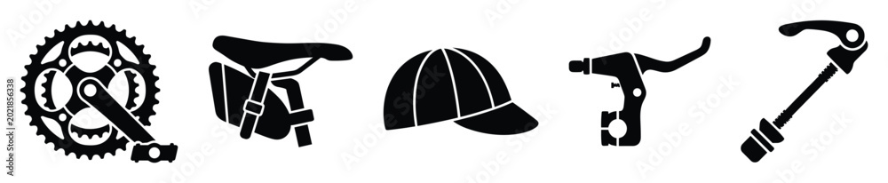 Fototapeta premium Bicycle parts and accessories collection in black silhouette for sports equipment and cycling projects