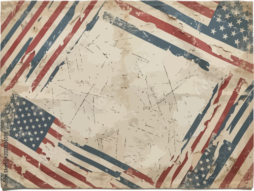 American flags frame a central parchment background with distressed corners and subtle.