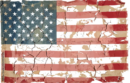American flag features a rustic weathered texture with visible cracks and faded vintage.