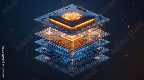 A stack of computer processors with glowing orange light in the center.