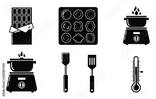 Baking and cooking icons chocolate, molds, double boiler, spatulas, and thermometer.