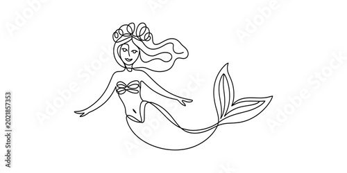 Canvastavla Continuous single line drawing of a beautiful mermaid swimming in the ocean
