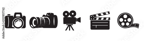 Set of various photography and filmmaking equipment icons including professional cameras and film.
