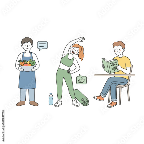 Schilderij op canvas Healthy lifestyle with man cooking, woman exercising, and man reading about healthy habits