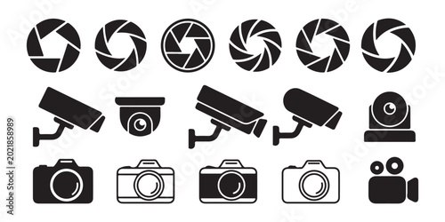 Cuadro en lienzo Photography and surveillance icons set with camera aperture security cctv and video equipment