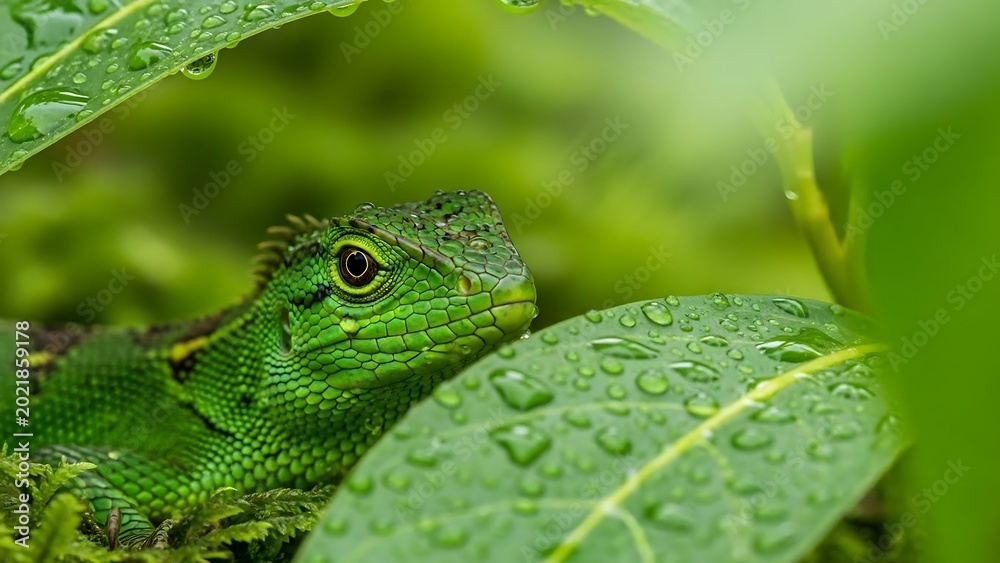 Fototapeta premium Green lizard hiding in foliage outdoors.