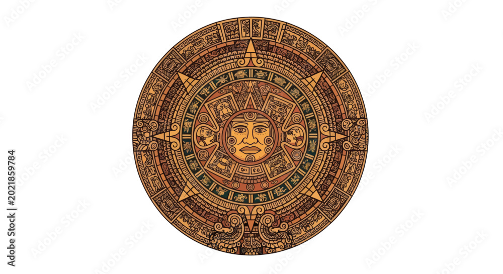 Obraz premium Aztec Calendar Stone Sun Face Detailed Ancient Mesoamerican Art