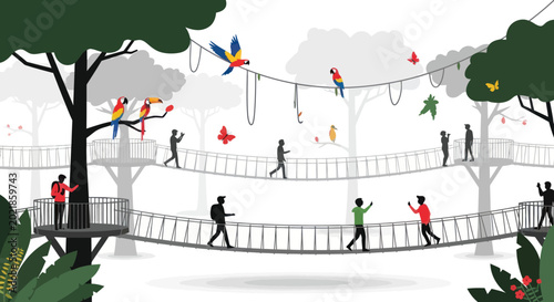 Photos People walking on suspension bridges in a lush jungle with colorful parrots and butterflies