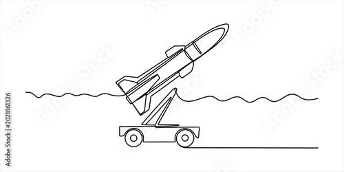 Bild auf Leinwand Continuous single line drawing of a military missile on a mobile launcher vehicl