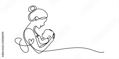 Continuous single line drawing of a mother holding her newborn baby with a heart shape symbol