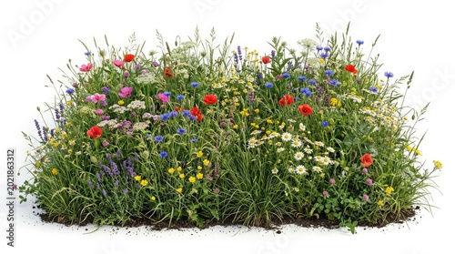 Vibrant patch of wildflowers and green grass against a white background, showcasing a diverse natural meadow