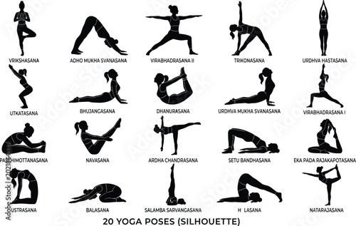 Schilderij op canvas Yoga Poses Silhouette Illustrations