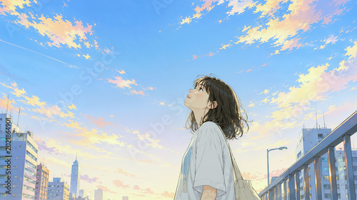 都会の空を見上げる女性と幻想的な夕焼け空のアニメ風イラスト