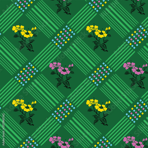 Foto Seamless Floral and Geometric Pattern with Green Stripes and Flowers