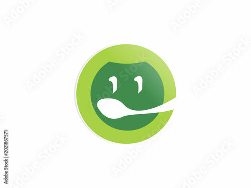 Green Circular Smiling Face Logo with Spoon Cutout for Organic Restaurant and Healthy Food Brand