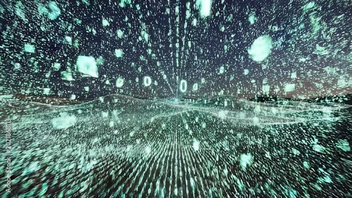 Digital data visualization with binary code particles.