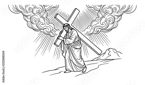 Obraz na płótnie Jesus carrying the cross to Golgotha outline Christian vector art