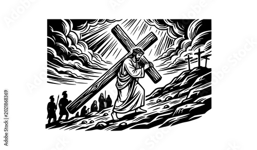 Konstfotografi Jesus Christ carrying the cross on Golgotha Hill black and white vector illustra