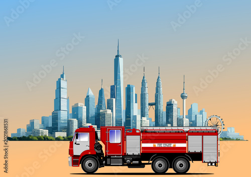 Photography 084-23-Red fire engine responding to emergency across a diverse international ci