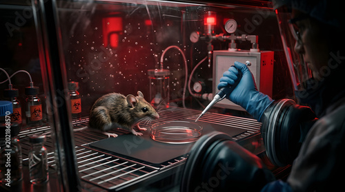 Scientist in protective gear conducts experiment on rat in biosafety lab