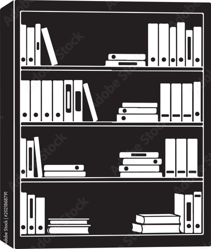 Black and white bookshelf with binders and books bookcase
