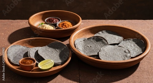 Three wooden bowls with tortillas, sauces, and lime