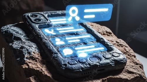 Damaged smartphone with glowing screen on rock.