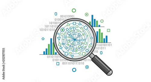 Bild auf Leinwand Magnifying glass over complex data visualization with binary code and bar charts