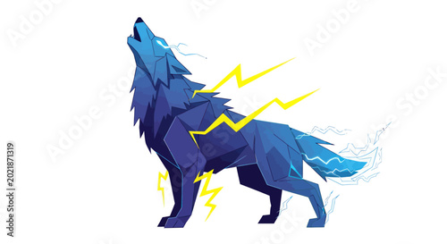 Cuadro en lienzo Geometric blue wolf howling with lightning bolts, abstract energy spirit animal