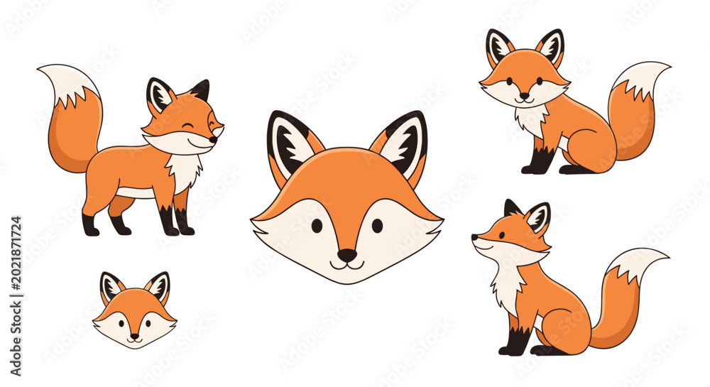 Fototapeta premium Collection of cute red fox illustrations features the animal in various sitting, standing, and detailed facial poses.