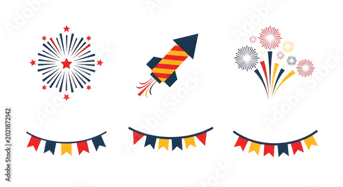 Fireworks and bunting flags set for celebration isolated on transparent background in flat vector graphic design style