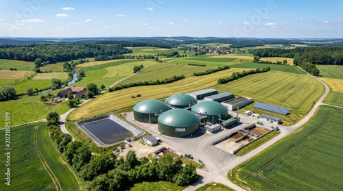 Aerial View of Biogas Plant in Rural Landscape