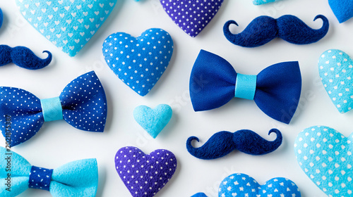 Blue Father’s Day background with bow ties, mustaches and heart decorations in playful flat lay arrangement, stylish masculine celebration concept for greeting cards and holiday designs