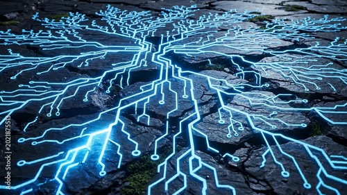 Glowing blue circuit lines on cracked ground.
